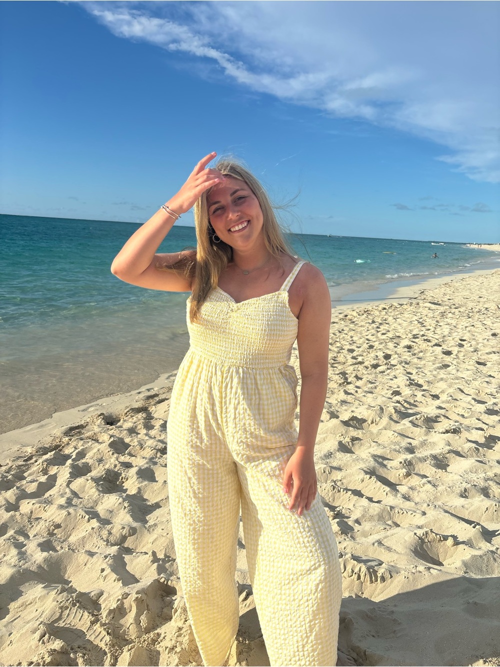 American Eagle Yellow Smocked Wide-Leg Jumpsuit